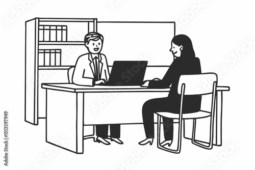 Two happy busy professional executives team business people working together on laptop computer in modern office at corporate meeting. Professional bank manager consulting company client at work