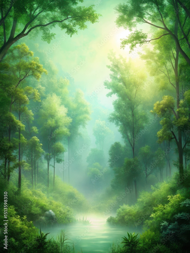 Fototapeta premium Misty forest landscape with a green background featuring a subtle gradient and crystal clear smooth depth