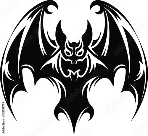 Intricate Black Bat Silhouette with Wings Spread in Artistic Design
