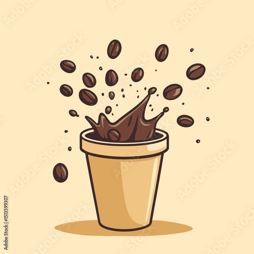 Coffee Bean Splash: Coffee beans explode in splash from a cup, coffee cup illustration art with coffee liquid.