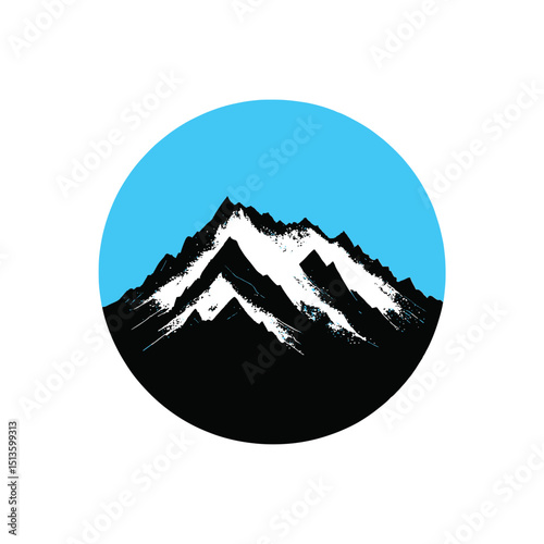 Majestic Mountain Silhouette: The striking peaks stand tall against a vibrant blue sky within a circular frame, evoking a sense of grandeur and the call of adventure.