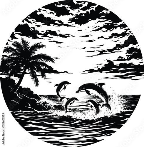 Black and white illustration of dolphins jumping near a palm tree with a cloudy sky design 100