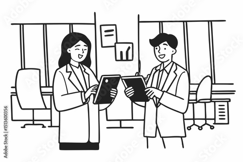 Two happy professional business people team Asian woman and Latin man workers working using digital tablet tech discussing financial market data standing at corporate office meeting