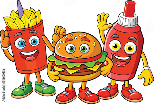 Cartoon Food Friends Vector with Burger, Ketchup, and Fries in Retro Whimsical Style