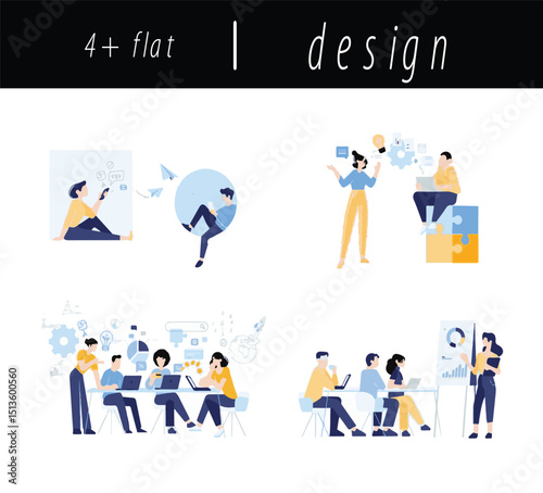set of business people icons - Remote Work Telemarketer – Flat Vector of Home Office Scene - Flat Office Desk Scene with Laptop and Headset for Telemarketing