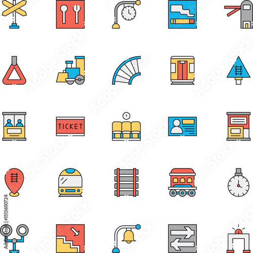 Railroad Station and Service black & white icon set
