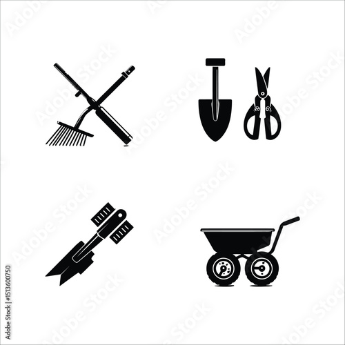 Illustration of gardening tools including a rake shovel scissors and a wheelbarrow in black and white