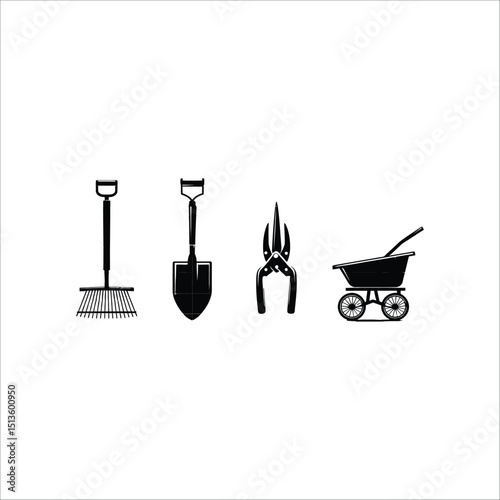 Black silhouettes of gardening tools including a rake shovel pruners and a wheelbarrow on white