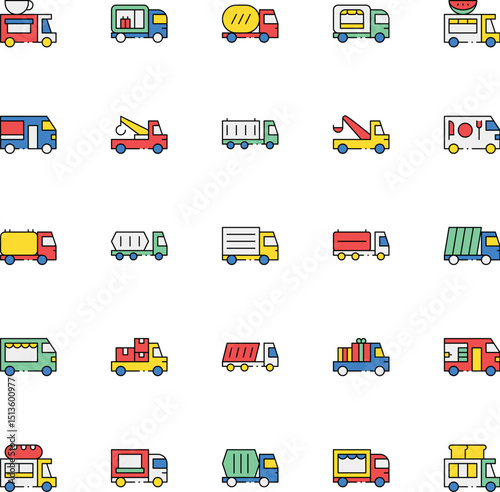 Delivery Truck icon set. Express delivery trucks icons. Fast shipping truck. Free delivery 24 hours. Logistic trucking sign. Vector illustration.