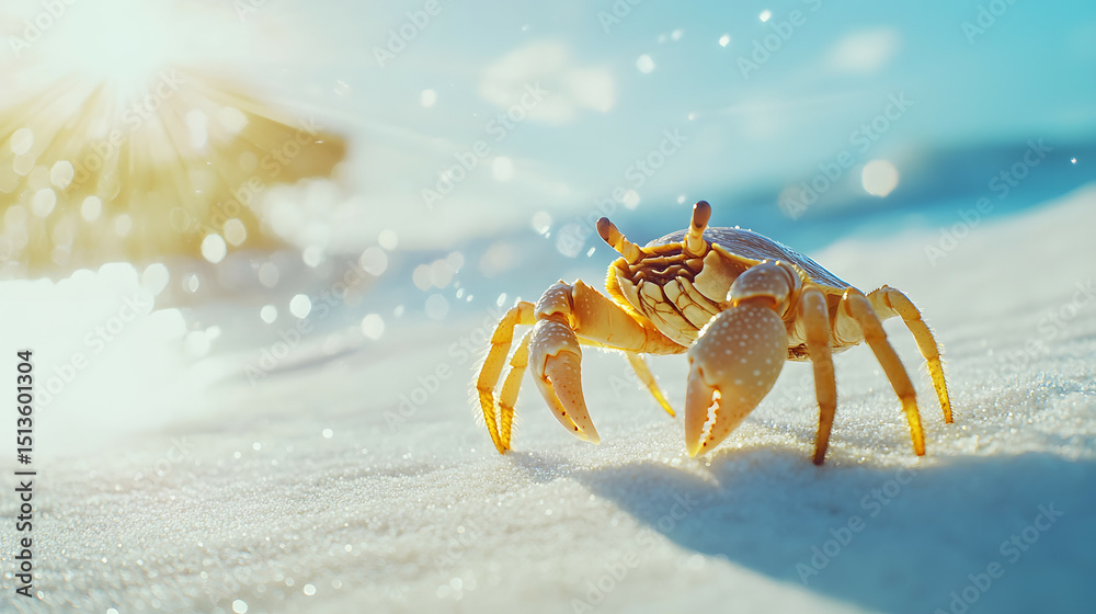 A crab walks along the white sandy beach at the edge of the water, bathed in sparkling sunlight. A crab walks along the white sandy beach at the edge of the water, bathed in sparkling sunlight.