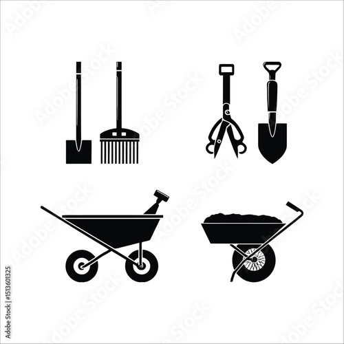 Illustration of gardening tools including shovels broom shears and wheelbarrows in black and white