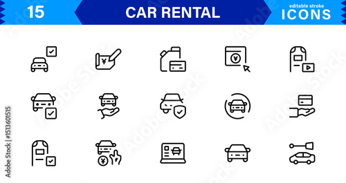 Professional Car Rental Icon Set Featuring Vehicle, Location, Booking, Key, and Transportation Symbols in a Clean, Modern, Vector-Based Style