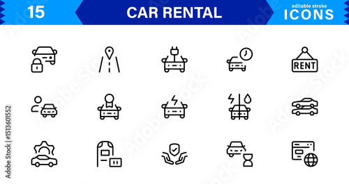 Professional Car Rental Icon Set Featuring Vehicle, Location, Booking, Key, and Transportation Symbols in a Clean, Modern, Vector-Based Style