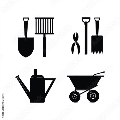 A collection of gardening tools including a shovel, rake, pruners, and watering can in black silhouette