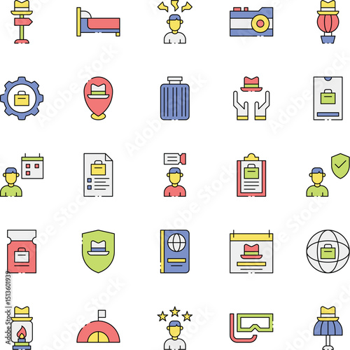 Vacation Planning Guys Trip line icon set. hotel, journey, location, map, outline, palm, ship, signs, ticket, trip address and more. Outline vector icon in linear style. 