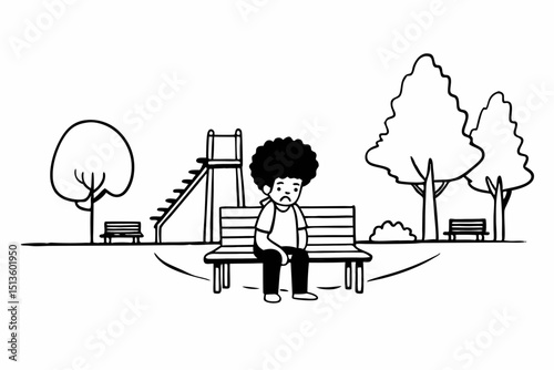Unhappy bored little african american kid sitting in the park. The boy showing negative emotion. Child trouble concept