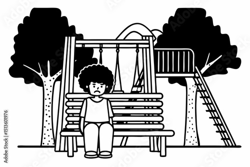 Unhappy bored little african american kid sitting in the park. The boy showing negative emotion. Child trouble concept