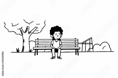 Unhappy bored little african american kid sitting in the park. The boy showing negative emotion. Child trouble concept