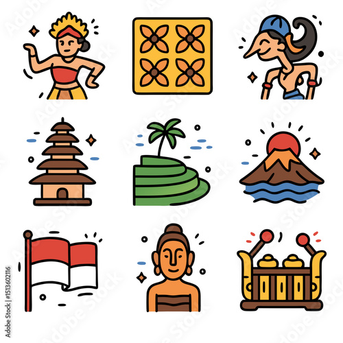 A vibrant set of vector icons representing the rich cultural heritage of Indonesia. This collection includes iconic elements such as traditional Balinese dancers, wayang (shadow puppet), batik pattern