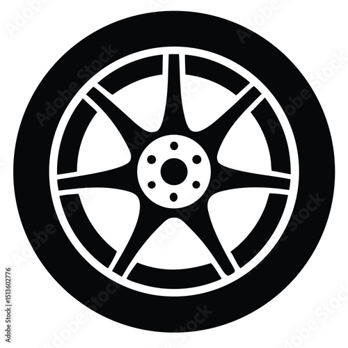 Car tire with six lug nuts silhouette icon isolated on white background