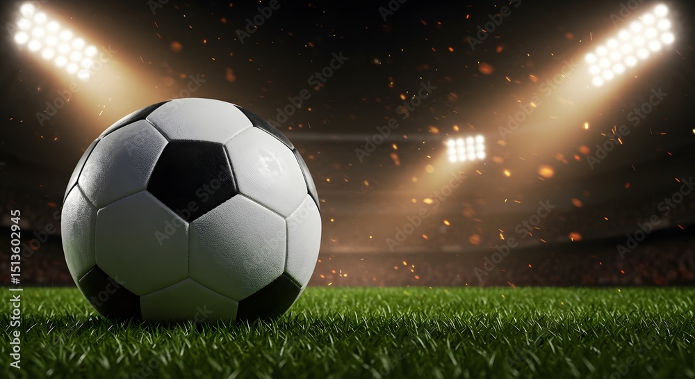 Naklejka premium Close-up of a soccer ball on green grass with stadium lights in the background