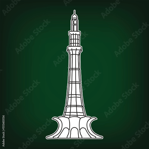 Minar-e-Pakistan landmark of Lahore, with a dark green abstract background