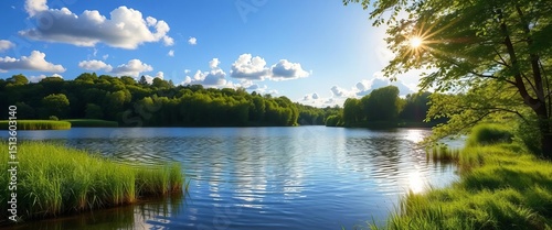 Sun-drenched Masurian lake, calm water, lush green shores, landscape, Poland