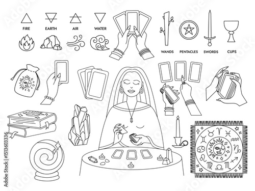 Big Tarot set, vector icons. Tarot suits, spread, four elements, fortune teller, Tarot reader, alchemy symbols,