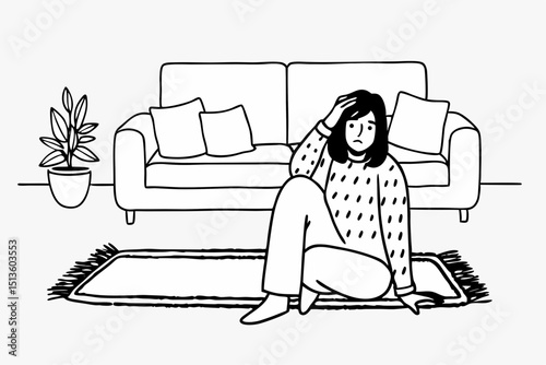 Woman in sweater sitting on the floor to touching forehead with hand while feeling sick and headache with migraine during resting in living room at home