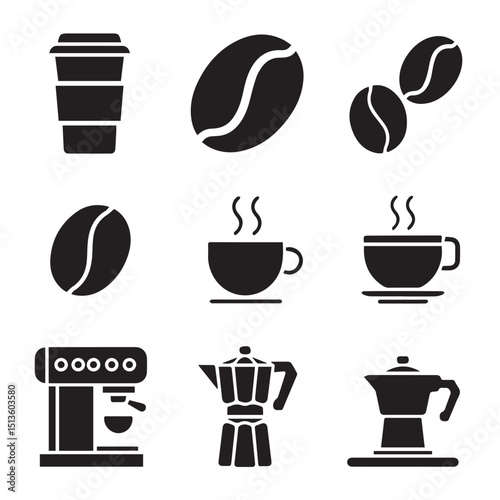 This vector icon set features various coffee, tea, and espresso drinks in cups and mugs, perfect for cafe or restaurant illustrations