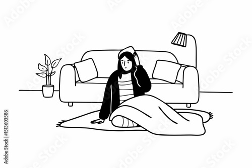 Woman in sweater sitting on the floor to touching forehead with hand while feeling sick and headache with migraine during resting in living room at home