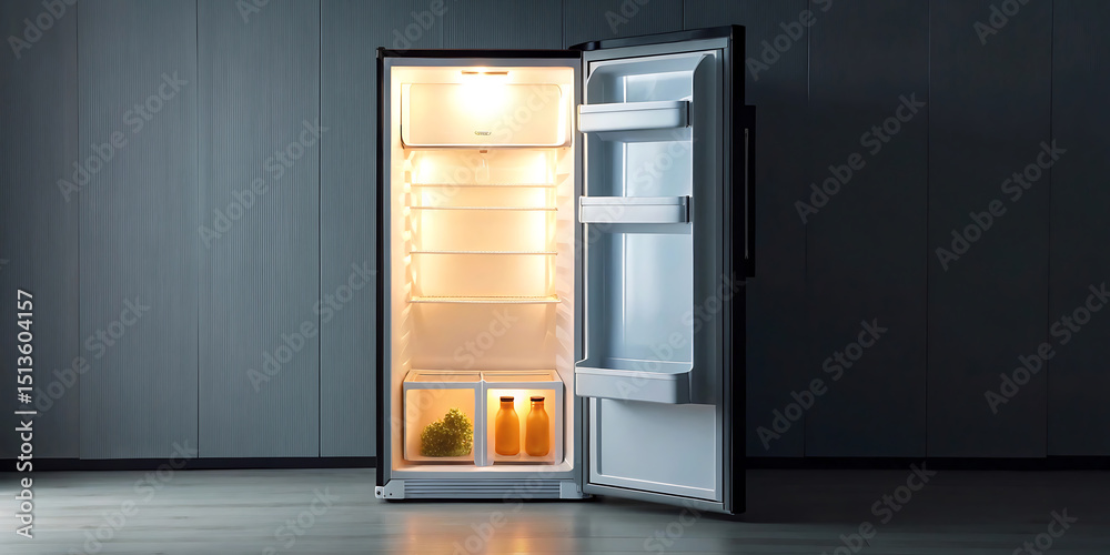Fototapeta premium Illuminated Interior of an Open Refrigerator A Glimpse Inside