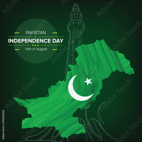 Minar-e-Pakistan and map, pakistan independance day, social media banner with dark green background