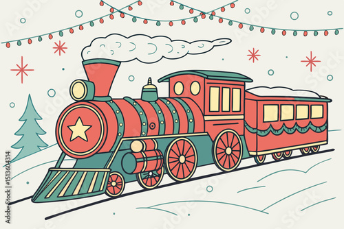 Holiday-themed vintage train decorated with lights and garlands in winter.