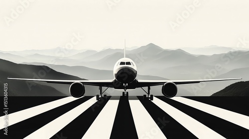 Airplane on runway against mountainous backdrop with striking line pattern