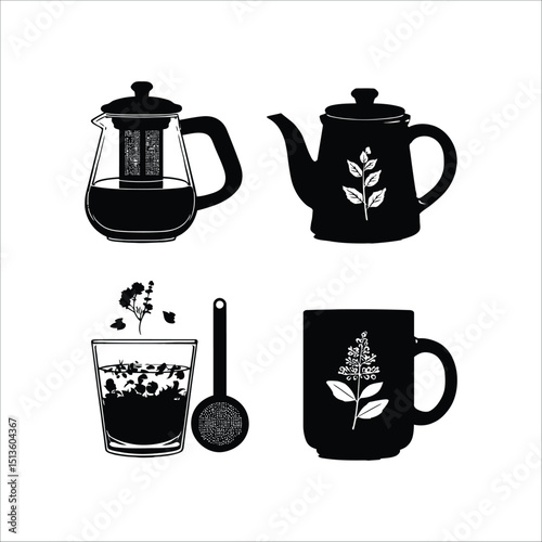 Black and white vector illustration of tea making equipment and herbal tea preparation process