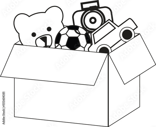 Box of Toys Clipart – Black and White Toy Box Illustration for Kids, Crafts, and Learning