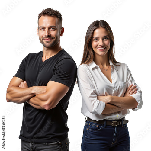 Confident Young Business Team PNG - Professional Man and Woman with Crossed Arms on Transparent Background for Corporate Marketing and Business Presentations