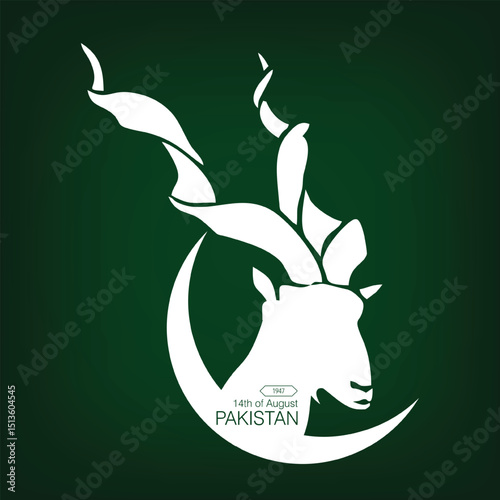 Markhor art in moon icon pakistan national animal with a dark green abstract background