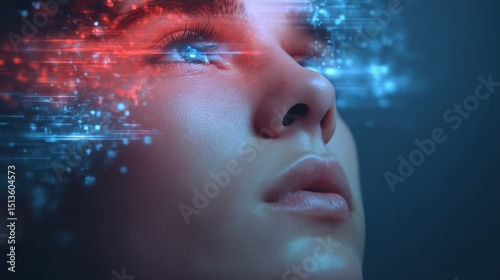 A futuristic portrait of a person with glowing effects, representing technology and emotion through vibrant colors and abstract patterns.