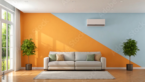 Modern Living Room Design Split Color Walls, Cozy Sofa, and Air Conditioning