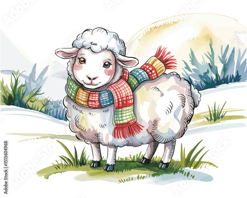 watercolour Illustration cute sheep standing with scarf for Winter Decor and Kids' Stories