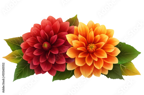 Vibrant Red and Orange Dahlia Flowers with Green Leaves, Bright Blooming Garden Flowers, Nature, Beautiful Floral Arrangement, Close-Up Botanical Image photo