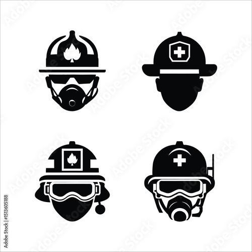 Four black and white icons depicting firefighters and medical personnel wearing protective gear helmets masks