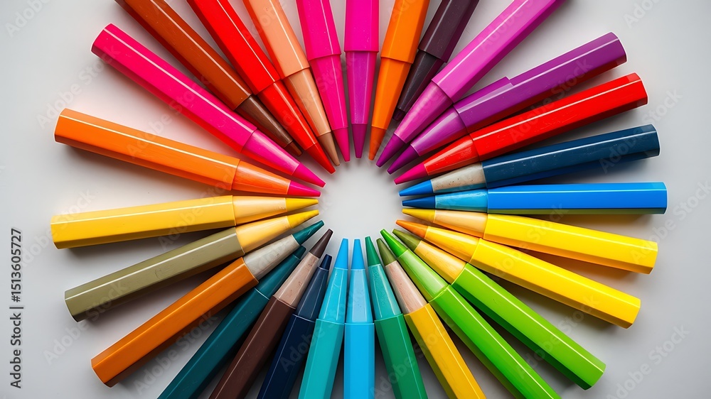 Colorful collection of drawing pencils arranged in a circular pattern on a white surface Colorful collection of drawing pencils arranged in a circular pattern on a white surface