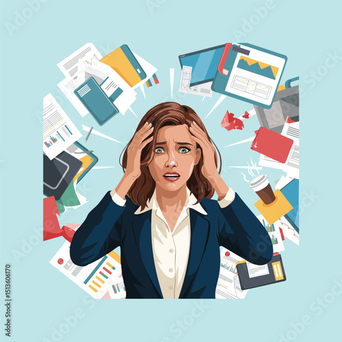 panic businesswoman, flat vector illustration of business woman in stress, surrounded by work and stress factors icons