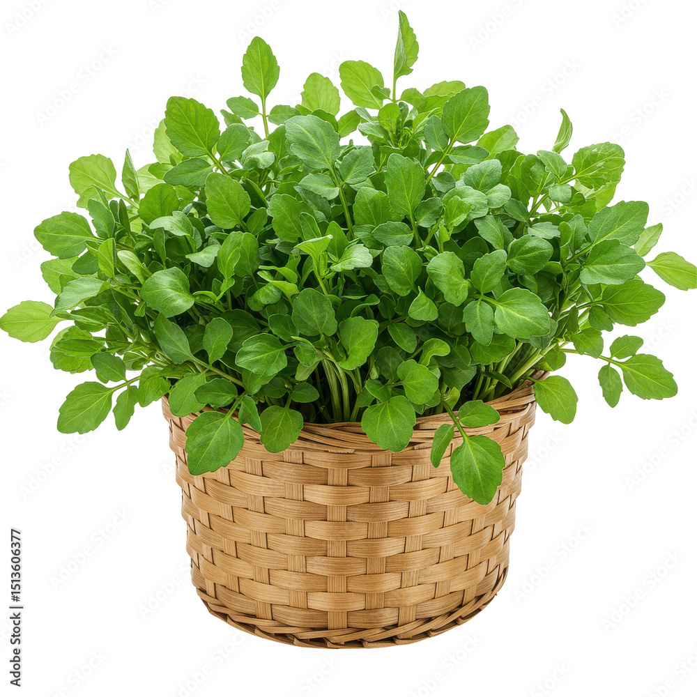 Naklejka premium Fresh watercress flourishes in a woven basket, green leaves filling the container and spilling over