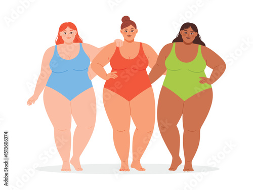 body positive girls, flat vector illustration of three overweight young women in swimsuits