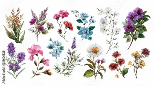 Collection of colorful floral illustrations. Various flowers, buds, and foliage