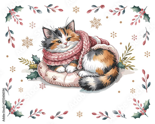 cozy cat watercolor Illustration with scarf for Winter decor and kids' stories
